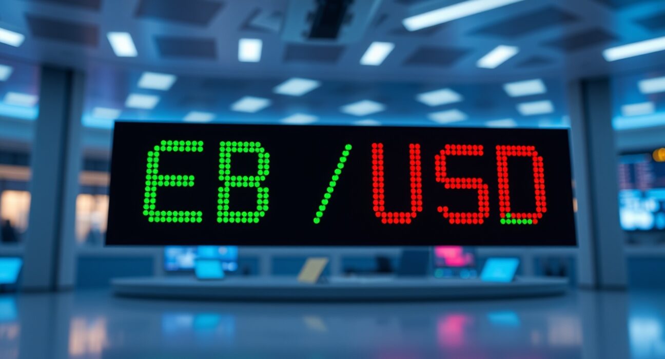 GBP/USD exchange rate displayed on a digital trading screen in a financial news studio