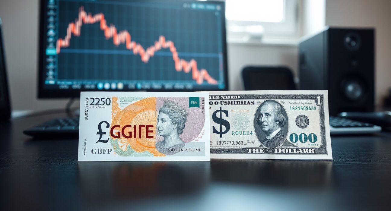 British pound and US dollar banknotes on a desk with a financial chart showing a downtrend