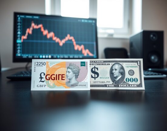 British pound and US dollar banknotes on a desk with a financial chart showing a downtrend