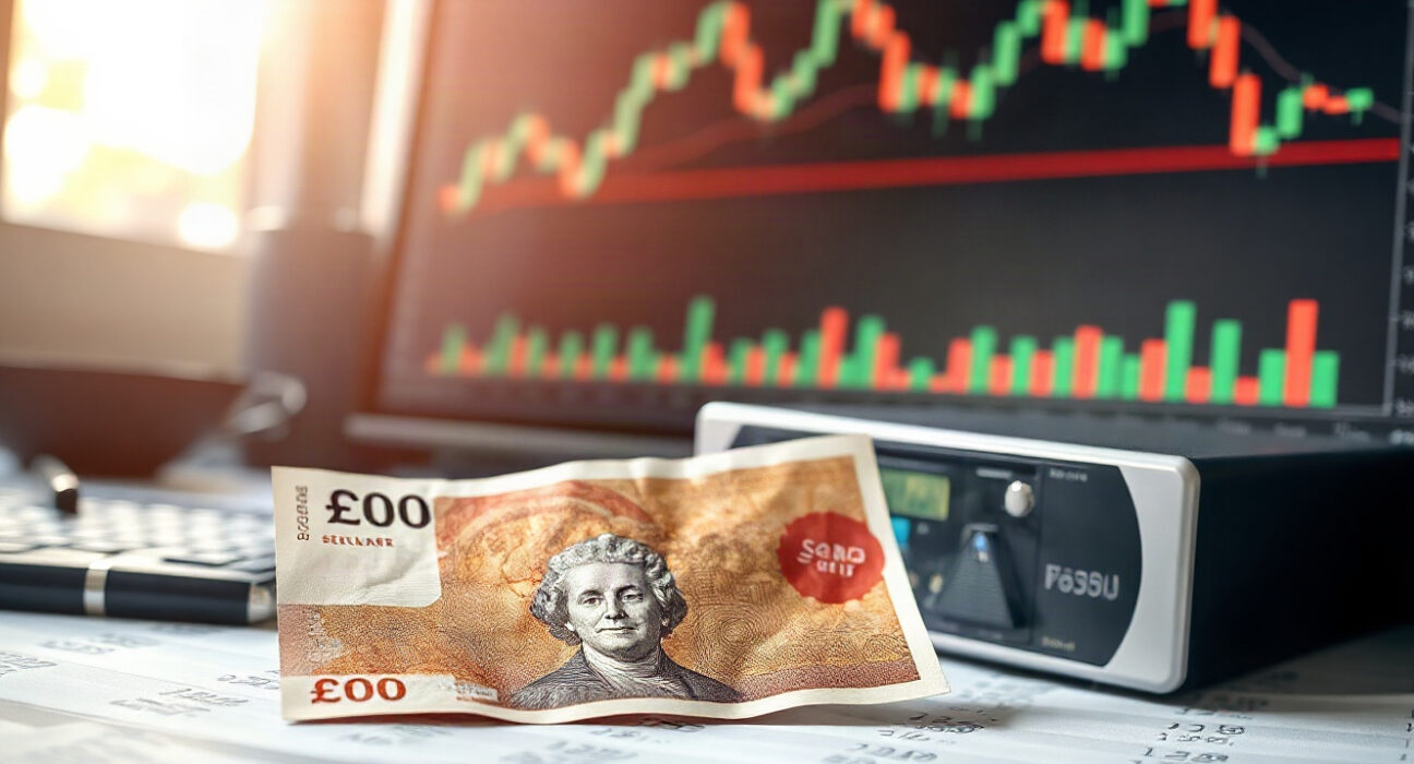 British pound and US dollar banknotes with a forex chart on a screen in the background