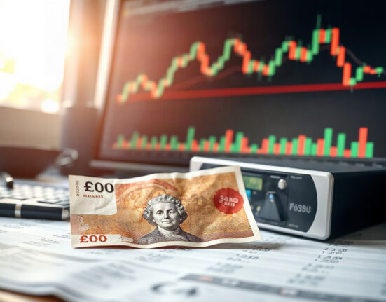 British pound and US dollar banknotes with a forex chart on a screen in the background