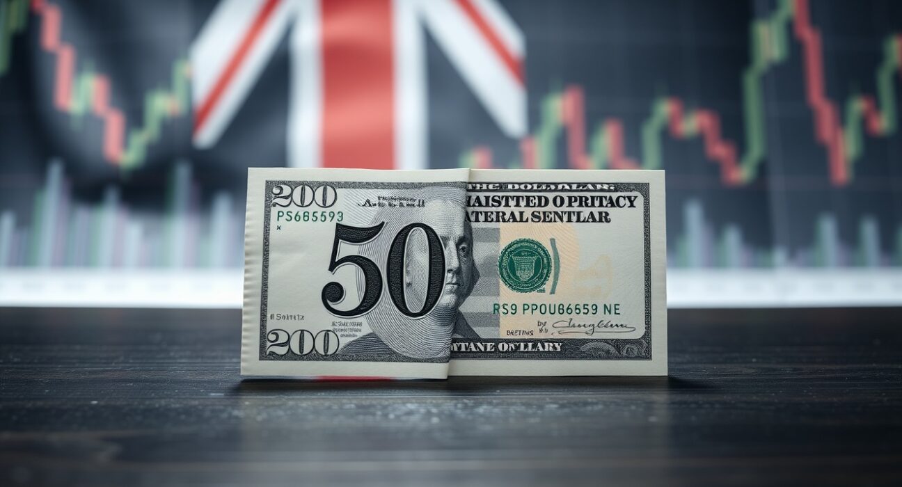 GBP and USD banknotes on desk with financial charts background