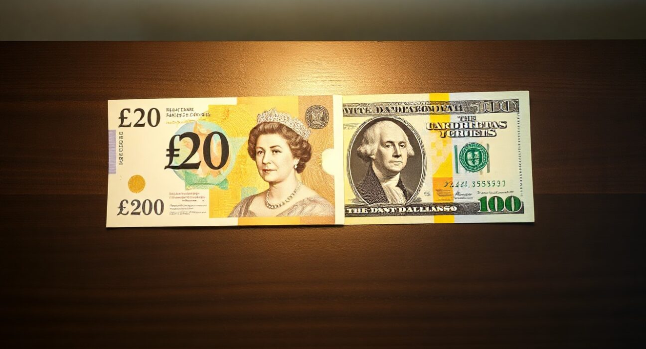 British pound and US dollar banknotes on a wooden desk representing GBP/USD currency pair analysis
