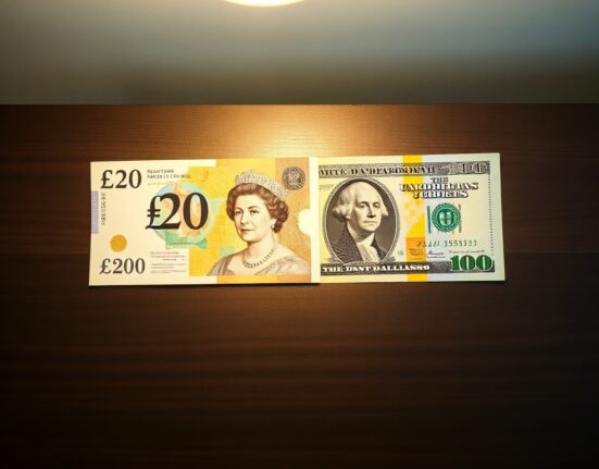 British pound and US dollar banknotes on a wooden desk representing GBP/USD currency pair analysis