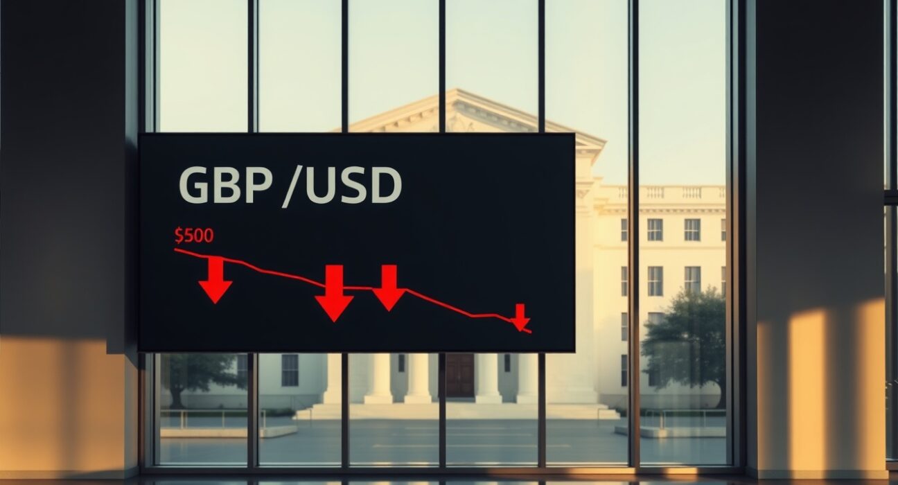 GBP/USD falls as Fed holds rates steady and Powell stays at Fed, shown on a currency exchange board with red arrows