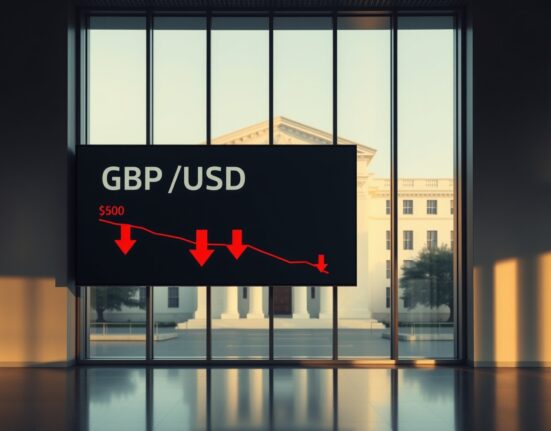 GBP/USD falls as Fed holds rates steady and Powell stays at Fed, shown on a currency exchange board with red arrows