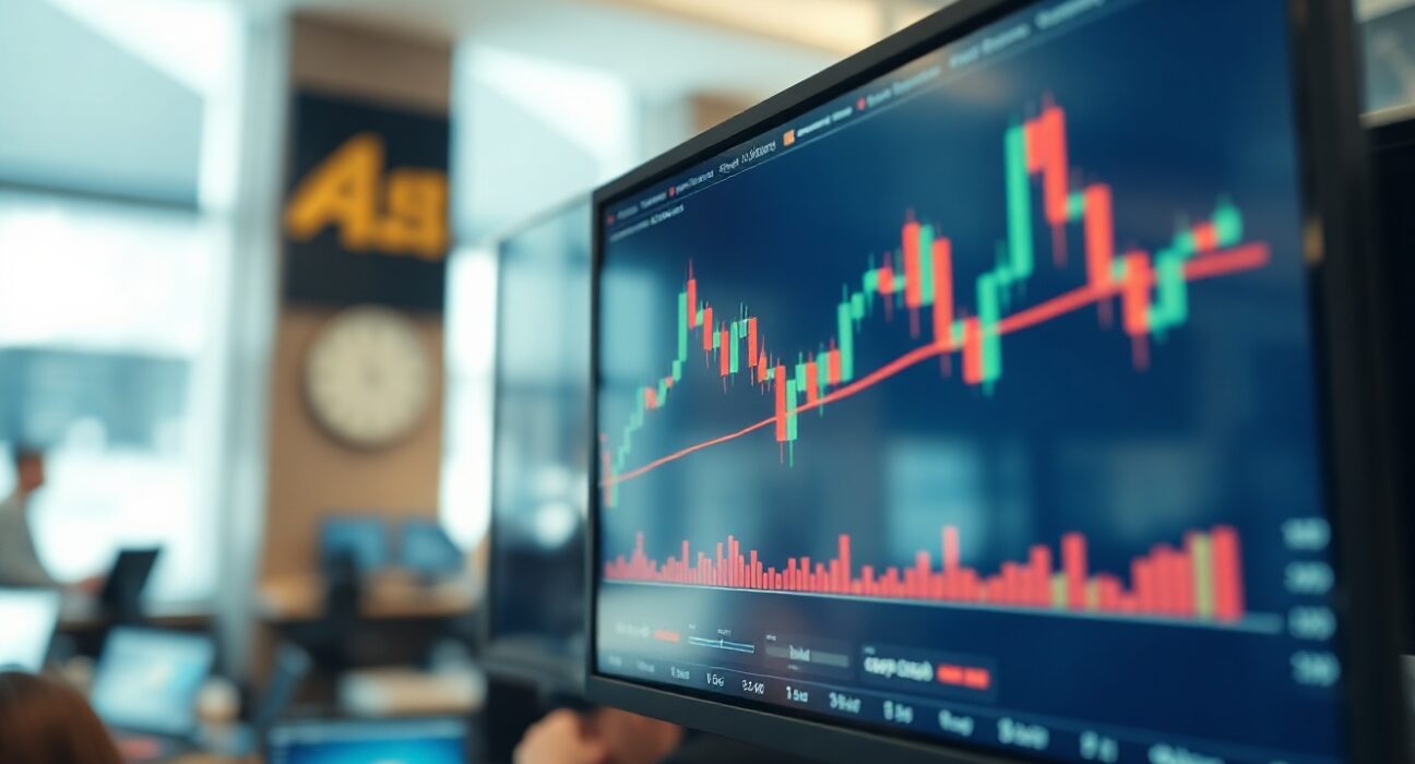 GBP/USD price chart on a trading screen with a financial district in the background.