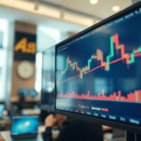 GBP/USD price chart on a trading screen with a financial district in the background.