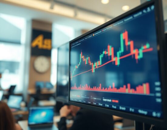 GBP/USD price chart on a trading screen with a financial district in the background.