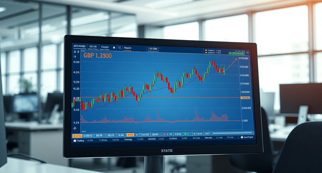 GBP/USD forecast chart showing a rally to 1.3300 on a professional trading desk monitor.