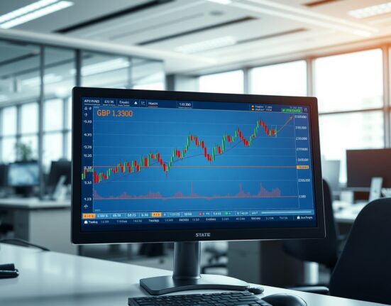 GBP/USD forecast chart showing a rally to 1.3300 on a professional trading desk monitor.