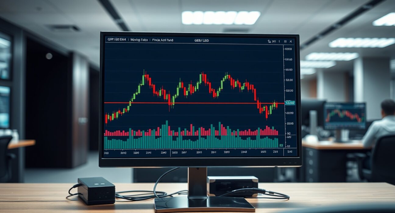 GBP/USD forecast analysis showing price action on a trading desk chart interacting with the 20-day EMA.