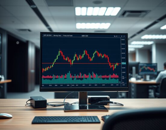 GBP/USD forecast analysis showing price action on a trading desk chart interacting with the 20-day EMA.