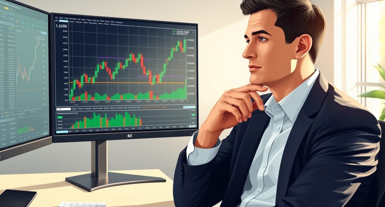 Forex trader analyzing GBP/USD price chart showing movement around the 1.3200 level.