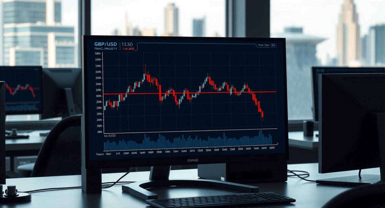 GBP/USD forecast analysis showing the currency pair trading below the critical 1.3400 support level on a professional trading desk.