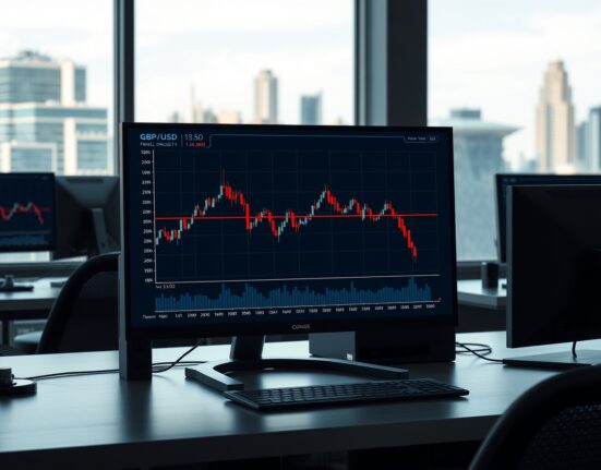 GBP/USD forecast analysis showing the currency pair trading below the critical 1.3400 support level on a professional trading desk.