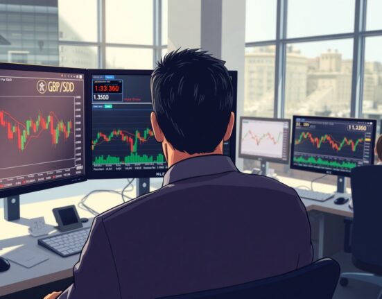 Trader analyzing GBP/USD forex charts amid US-Iran geopolitical uncertainty affecting currency markets.