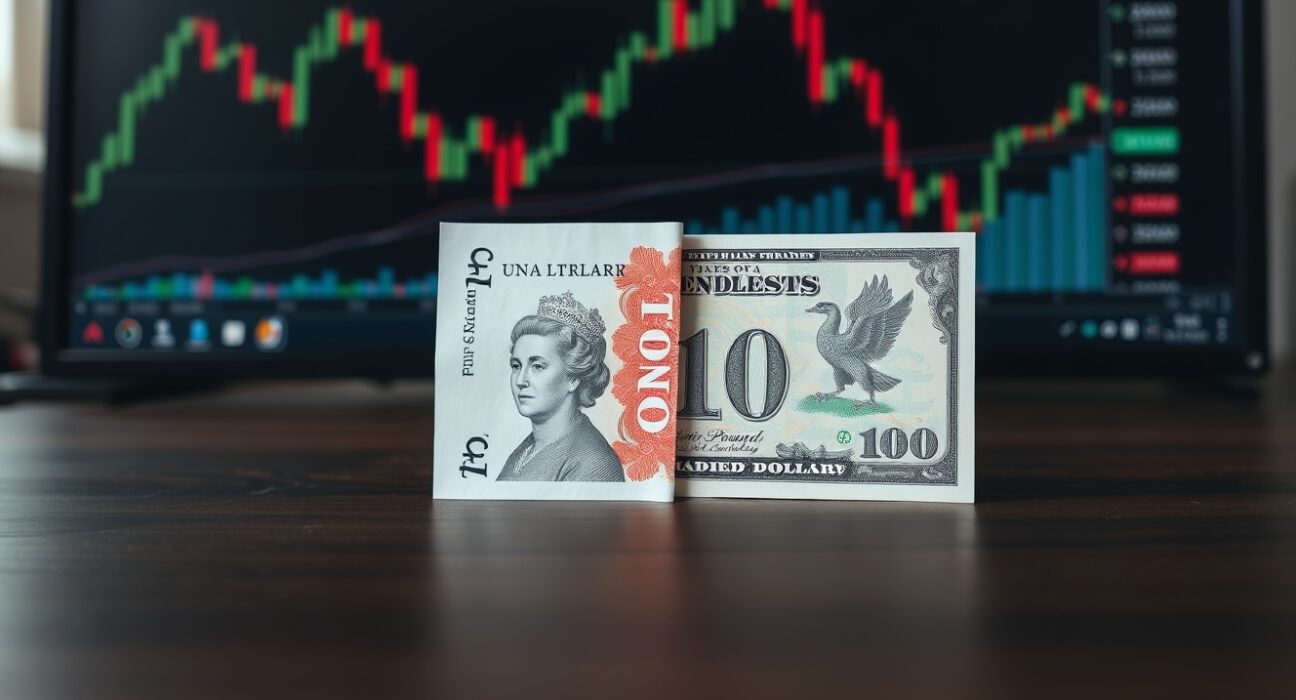 British Pound and US Dollar banknotes on a trader's desk with a chart in the background.