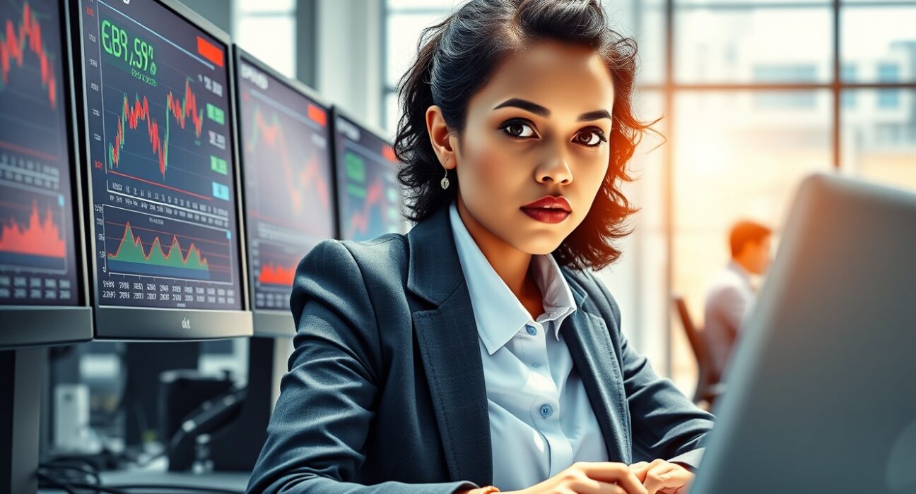 Financial analyst monitoring GBP/USD exchange rate charts and Federal Reserve data on trading desk monitors