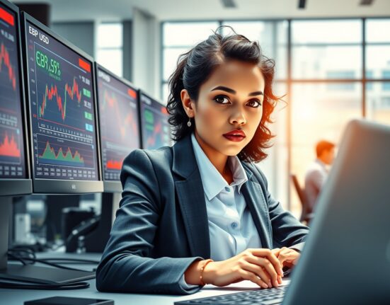 Financial analyst monitoring GBP/USD exchange rate charts and Federal Reserve data on trading desk monitors