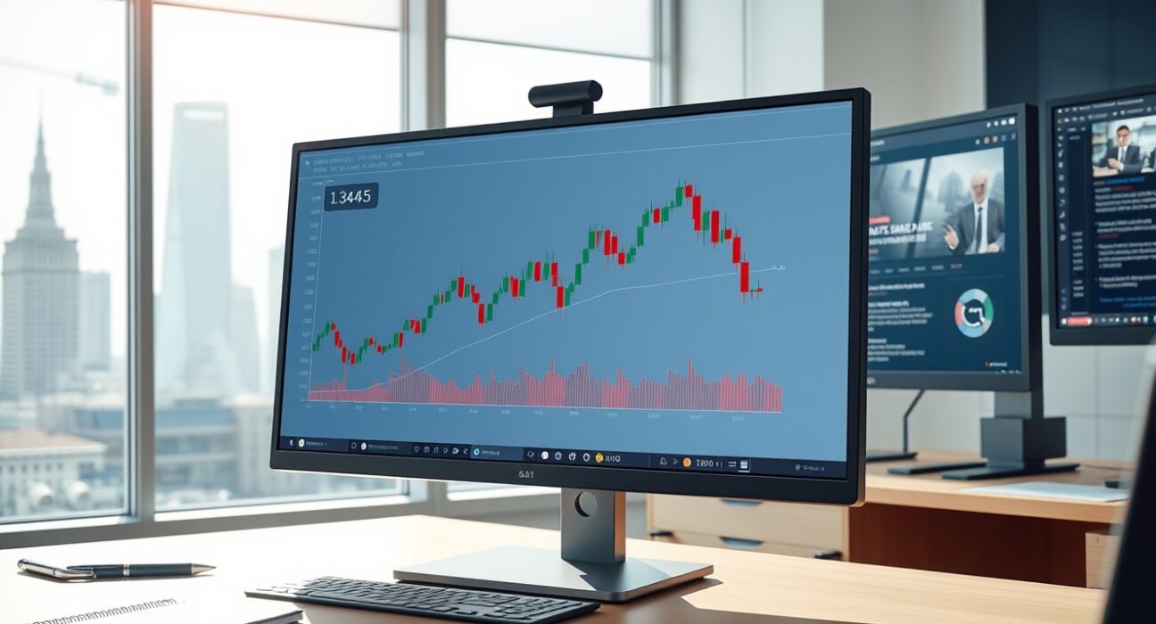 GBP/USD forecast analysis showing the currency pair's price chart at a two-week high on a professional trading desk.