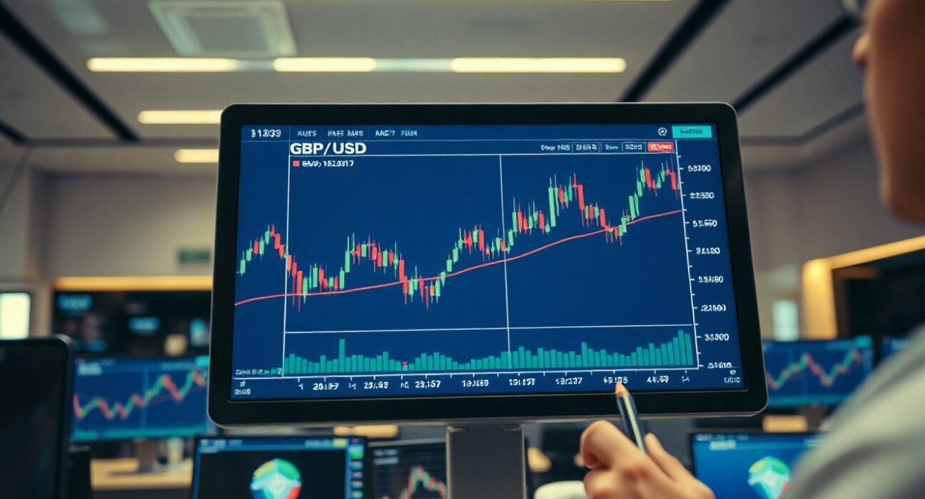 GBP/USD currency chart displayed on a trading screen in a financial office