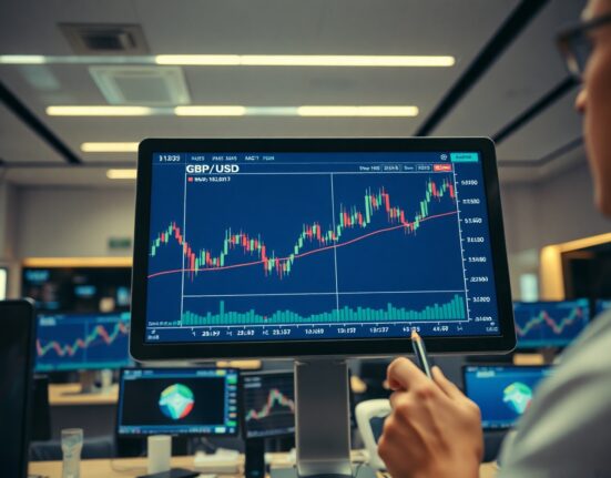 GBP/USD currency chart displayed on a trading screen in a financial office