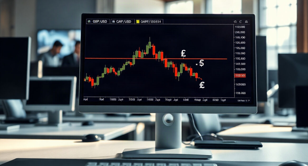 GBP/USD currency chart on a trading monitor in a financial office