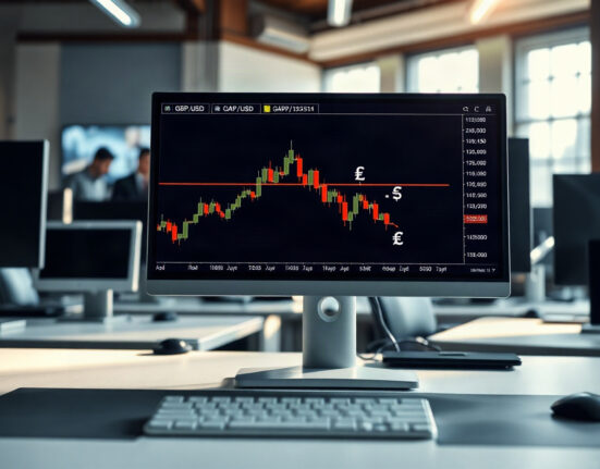 GBP/USD currency chart on a trading monitor in a financial office