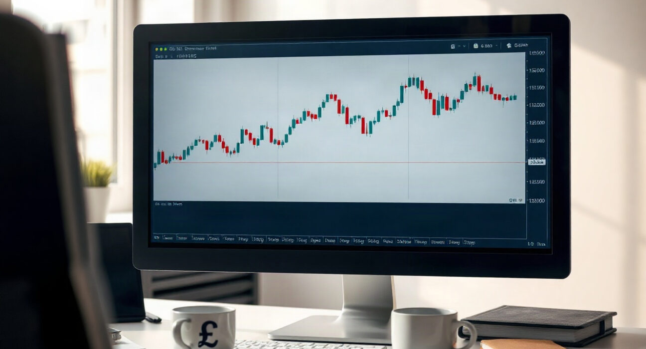 Analyst reviewing GBP/USD chart on computer monitor in modern trading office