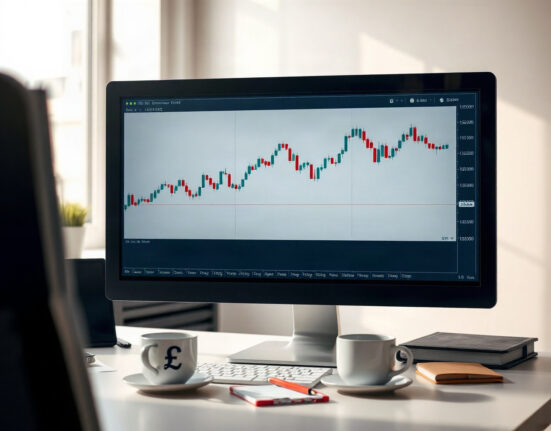 Analyst reviewing GBP/USD chart on computer monitor in modern trading office