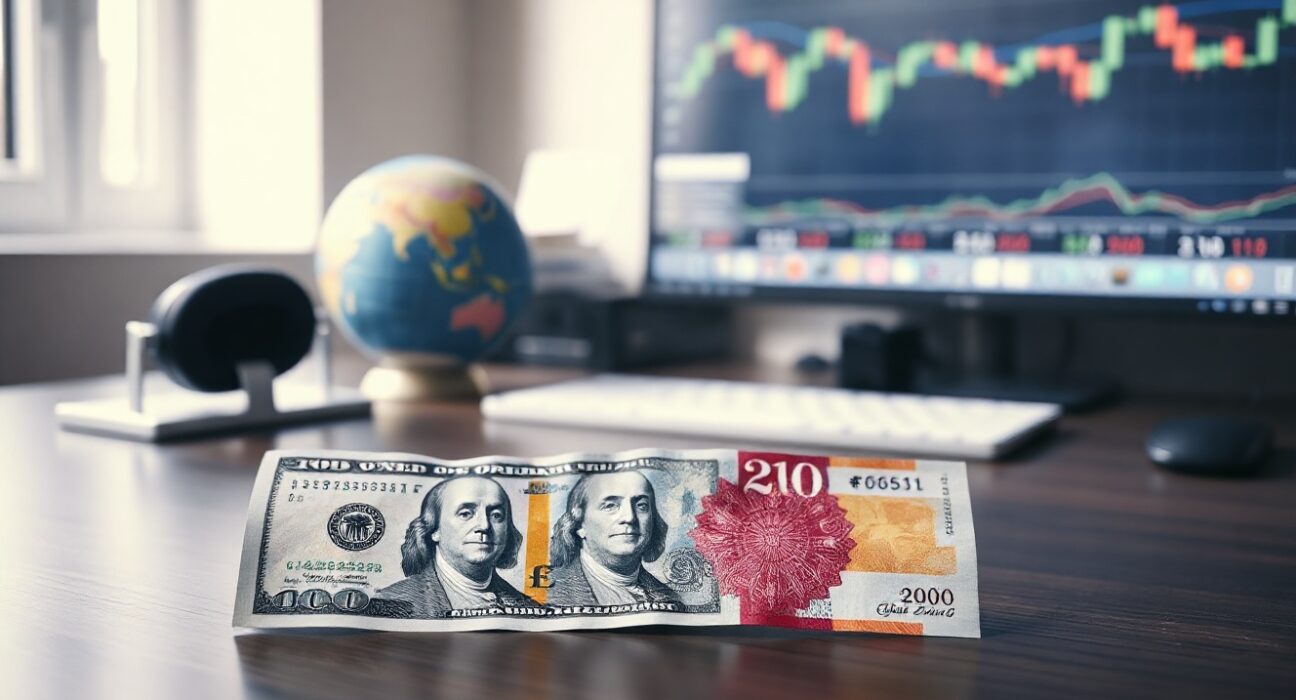 GBP/USD currency pair forecast with US dollar and British pound banknotes on desk
