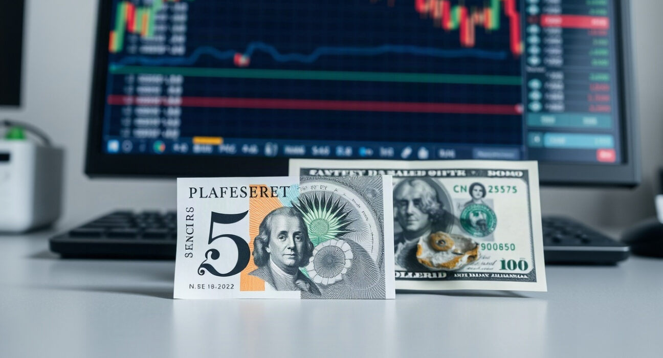 British pound and US dollar banknotes on a desk with a financial chart in background
