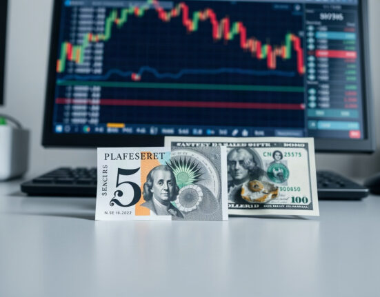 British pound and US dollar banknotes on a desk with a financial chart in background