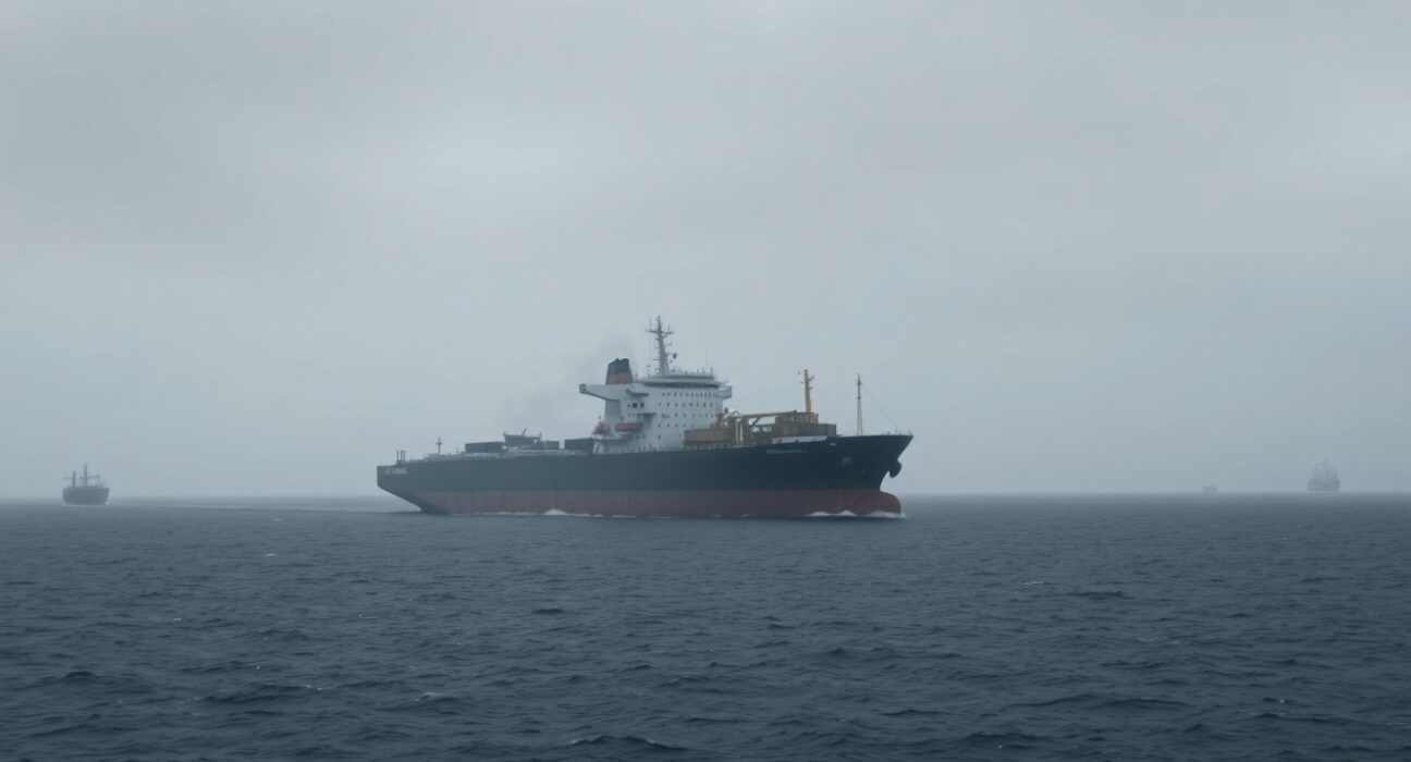 A damaged cargo ship in the Strait of Hormuz under overcast skies, representing geopolitical tension and safe-haven demand.