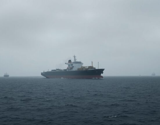 A damaged cargo ship in the Strait of Hormuz under overcast skies, representing geopolitical tension and safe-haven demand.