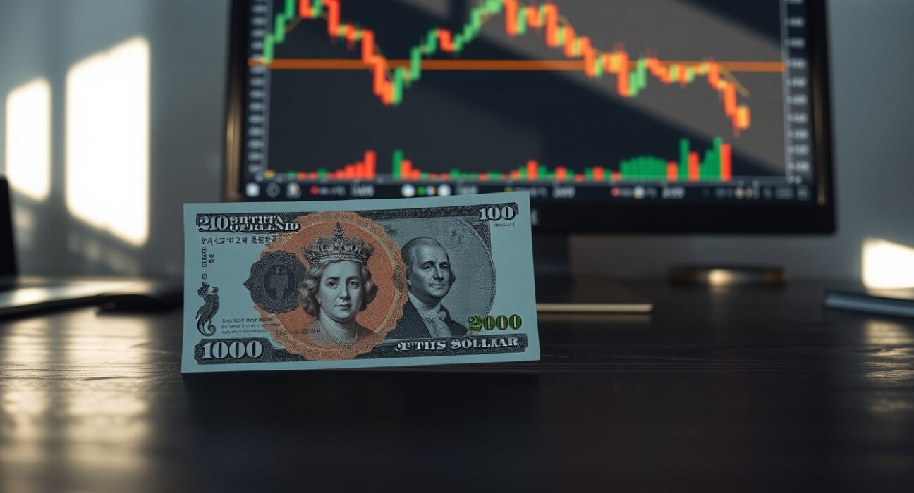 British Pound and US Dollar banknotes on a desk with a forex chart on a computer screen in the background.
