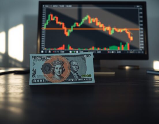 British Pound and US Dollar banknotes on a desk with a forex chart on a computer screen in the background.