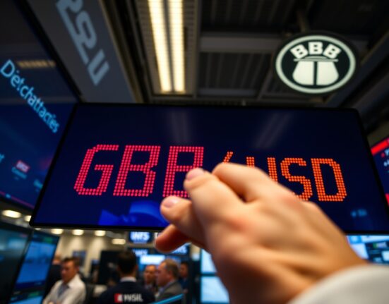 GBP/USD exchange rate displayed on a trading screen with financial market background