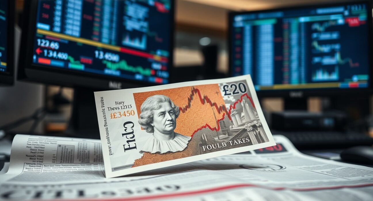 British pound banknote and forex chart showing GBP/USD near 1.3450