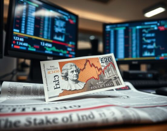 British pound banknote and forex chart showing GBP/USD near 1.3450