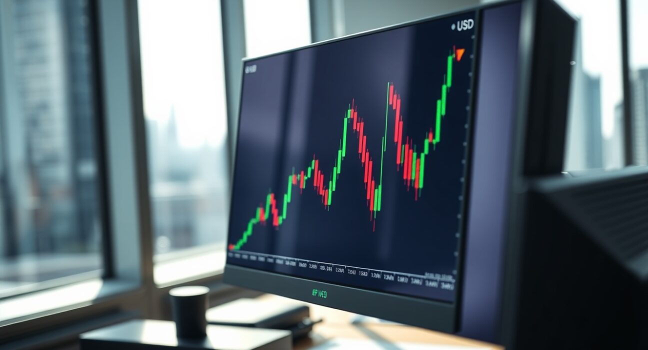 GBP/USD forex trading chart on a monitor in a financial office