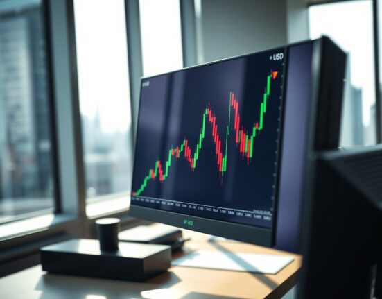 GBP/USD forex trading chart on a monitor in a financial office