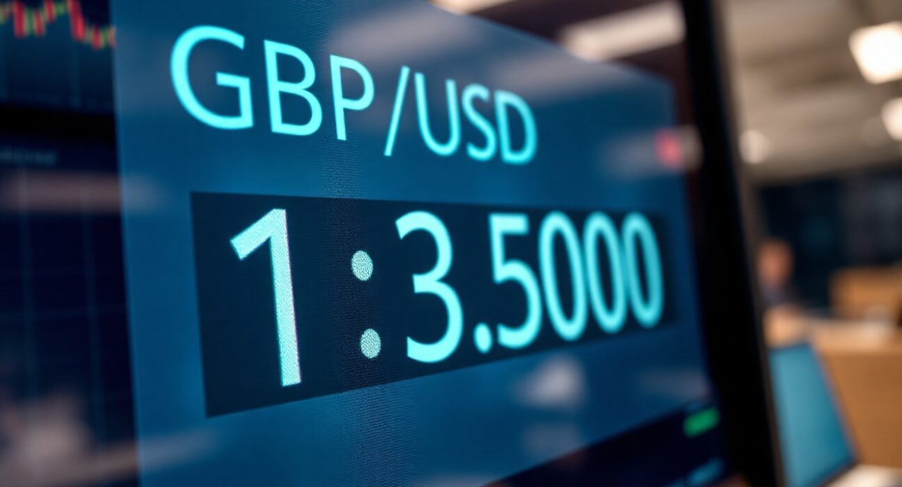Digital trading screen showing GBP/USD exchange rate at 1.3500 in a modern financial office