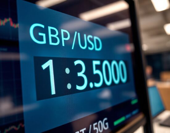 Digital trading screen showing GBP/USD exchange rate at 1.3500 in a modern financial office