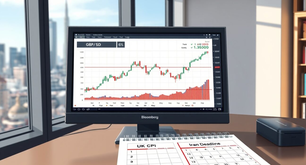 GBP/USD currency chart holding above 1.35 on a trader's terminal with UK and Iran event calendar.