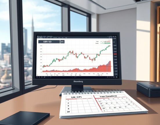 GBP/USD currency chart holding above 1.35 on a trader's terminal with UK and Iran event calendar.
