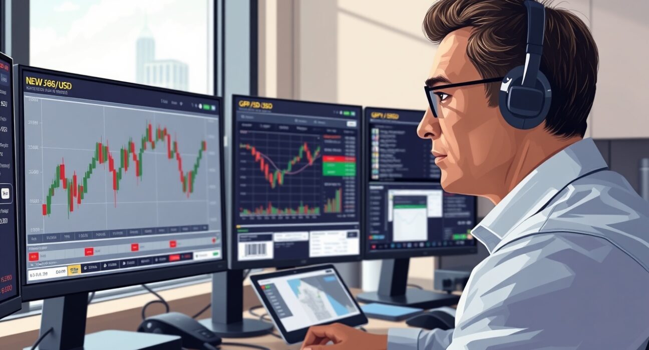 Forex trader analyzing GBP/USD exchange rate movements amid Iran nuclear talks developments