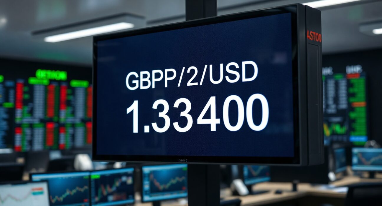 GBP/USD exchange rate displayed at 1.3400 on a trading floor screen
