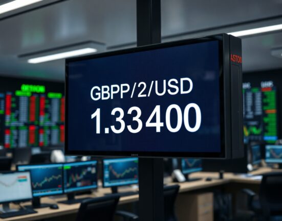 GBP/USD exchange rate displayed at 1.3400 on a trading floor screen